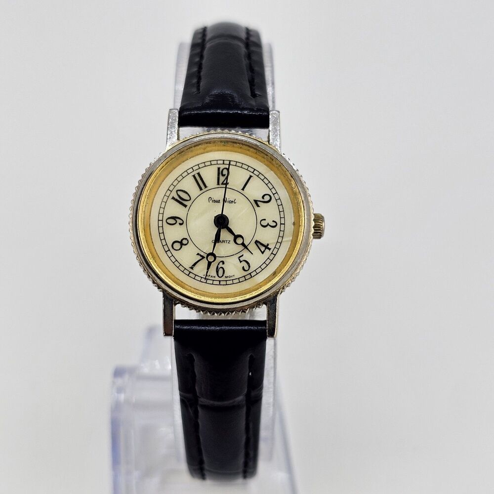 VTG Pierre Nicol Women Watch 24MM Cream Dial New Black Leather Bands New Battery
